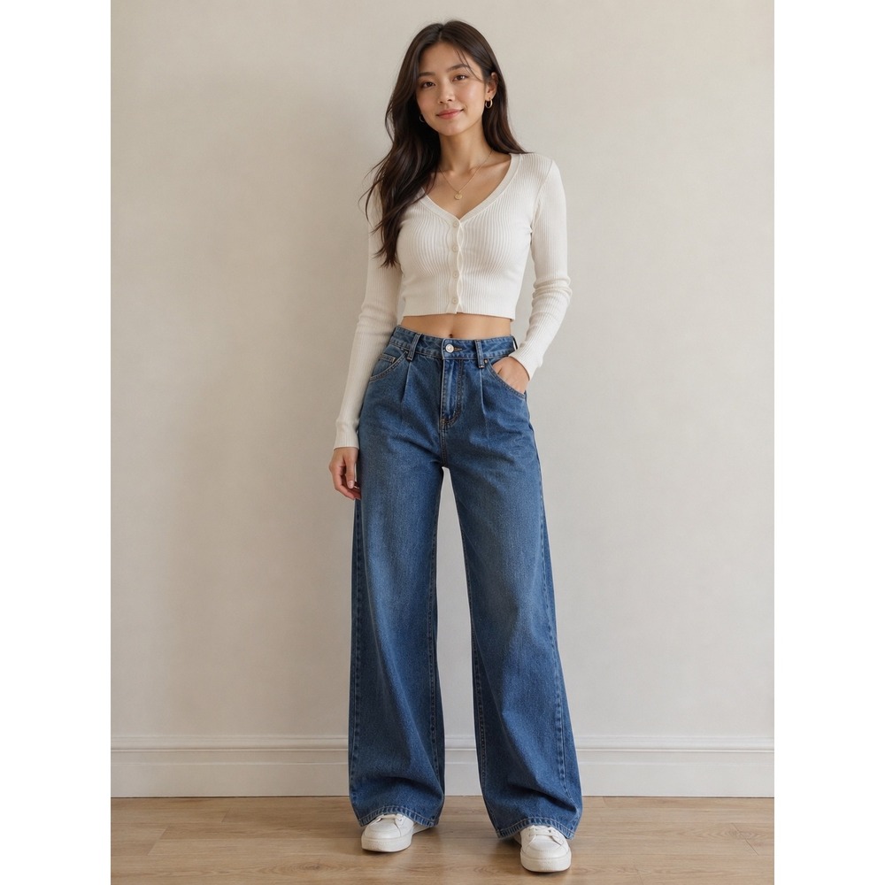 Unbranded Pleated High Waisted Wide Leg Jeans Medium Wash Denim Trousers